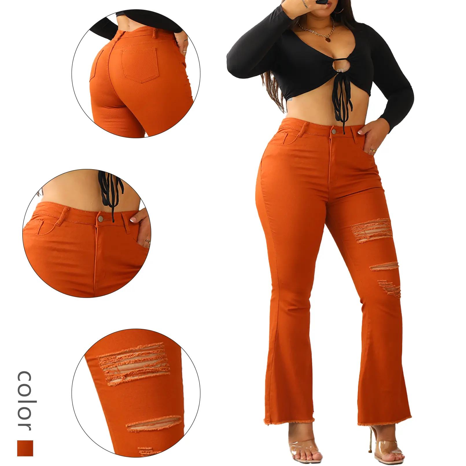 Women's Orange High Waisted Jeans - Ripped Flare Denim Pants with Bold Vibe