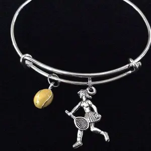 Yellow Tennis Ball and Player Charm Expandable Bracelet Adjustable Wire Bangle Trendy Stacking Team Sport Coach Gift
