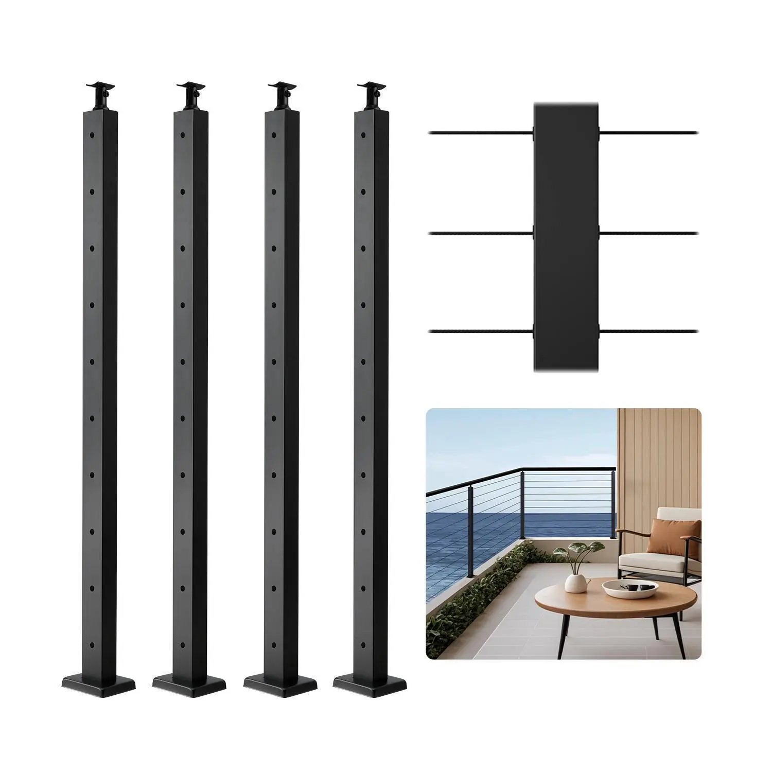 VEVOR 4-Pack Stainless Steel Cable Railing Post, 36x2x2 inch Horizontal-Hole Deck Post with Pre-Drilled Holes, Horizontal-Curved Brackets, Black Fence Support for Outdoor Indoor Fences, Hotels, 4JZLGZXHS914MY65M001V0