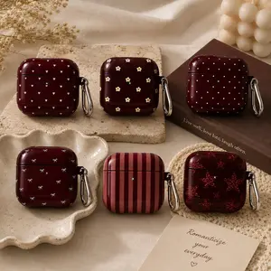 Burgundy Aesthetic AirPods Case, Glossy Shockproof Protective Cover for AirPods 1 2 3 4 & AirPods Pro 1 2 3, Cute Hearts Bows Flowers Stripes Stars Polka Dot Design, Stylish Gift