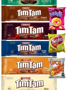 6 Packs Assortments Sampler Tim Tam Chocolate Cookies & Snacks – 1 Dark Mint, 1 Original, 1 Dark, 1 Double Coat, 1 Chewy Caramel, 1 White & Bongo, Twisties & UFO'S