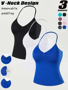 Women's Halter Sports Vest, Detachable Padded Bra, V-Neck Backless Outerwear, High Elastic Fabric, Fashion Workout Top, Athletic Fashion Activewear, Yoga Long Vest