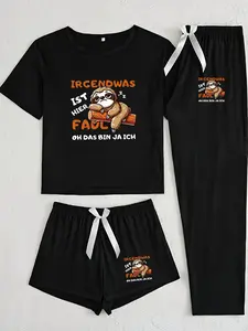 Three-Piece Pajama Set Pjs for Women, Pajamas Sleepwear, Lazy Bear Pattern, Casual Fitted Sleepwear Loungewear Pyjamas, All-Season Comfortable Nightwear, Random Print Design