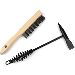 2 Pack Welding Chipping Hammer and Wire Brush Set 11" Hammer with Coil Spring Handle Cone Vertical Chisel 9.8" Stainless Steel Brush for Slag Spatter Residue Removal