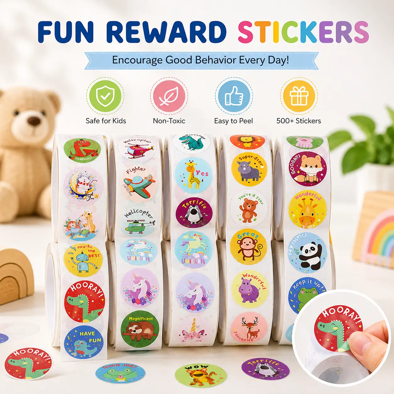 Kids Cute Animal Motivational Sticker Roll - Teacher Classroom & Potty Training Rewards for Preschool, Kindergarten, Homeschool Scrapbooking & Stamping