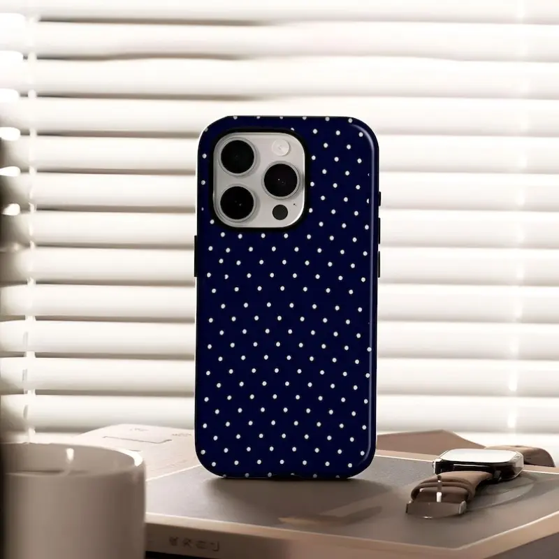 Navy Polka Dot 2-in-1 phone case with a durable, shock-absorbing, and stylish design. Compatible with iPhone 17 16 15 14 13 12 11 Pro Max Pro Plus Samsung Galaxy S25 S24 S23 Ultra