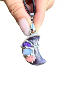 Serenity Moon Amulet Pendant with Black Satin Cord, Amethyst, Sugilite, Rhodochrosite, Blue Lace Agate