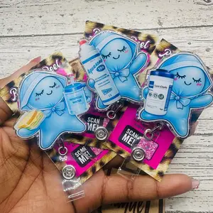 3 ops Blue Glovies Glove Buddies Glitter Acrylic Badge Reel, Healthcare ID Clip
