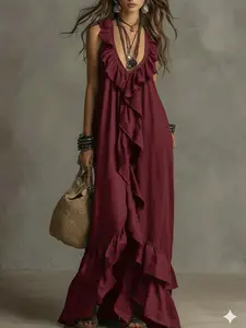 Women's Summer Boho Dress, Loose-Fitting V-Neck Sleeveless Ruffle Dress, Fashionable Solid Color, Retro Style, Casual Vacation Wear