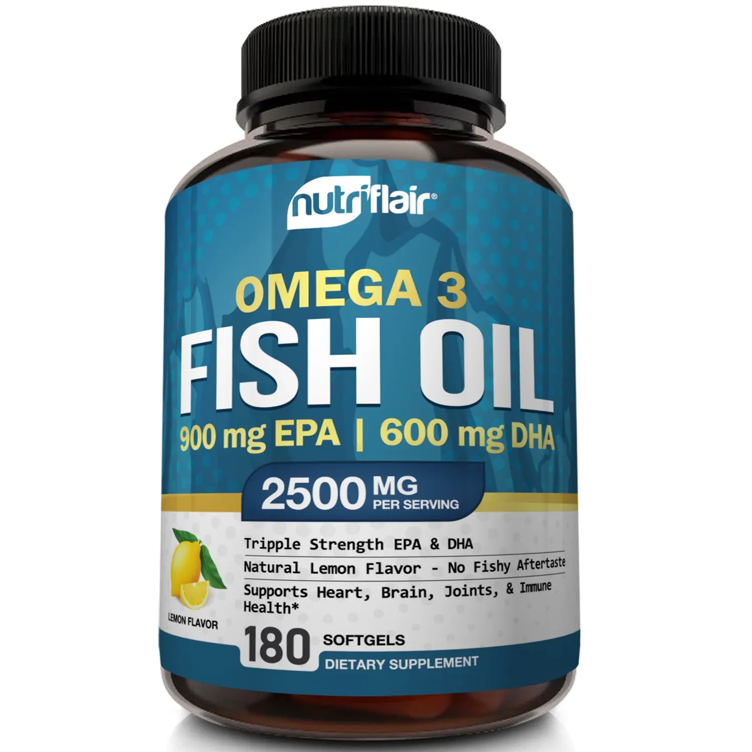 NutriFlair Omega 3 Fish Oil Capsules Vitamins Supplements - Heart Health Vitamins, Minerals & Wellness Supplements, Brain Health, Bone and Joint Support, Natural Dairy-Free, Vegan-Friendly, 180 Softgels