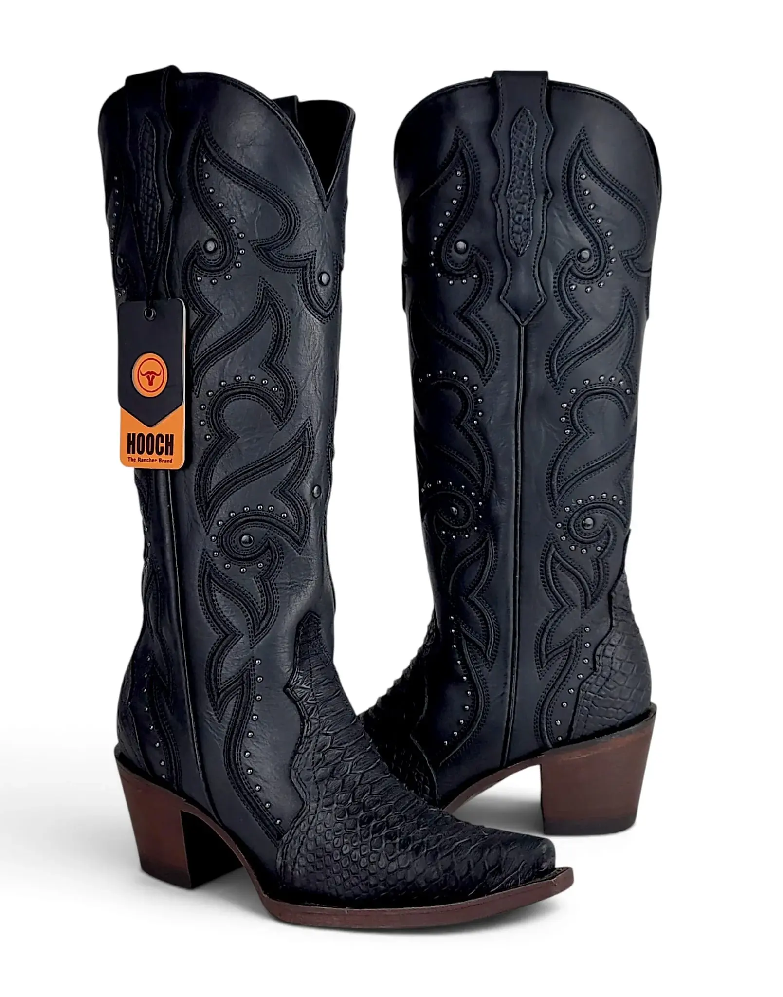 Women’s Genuine Leather Embossed Reptile Print Tall Western Boots – Black