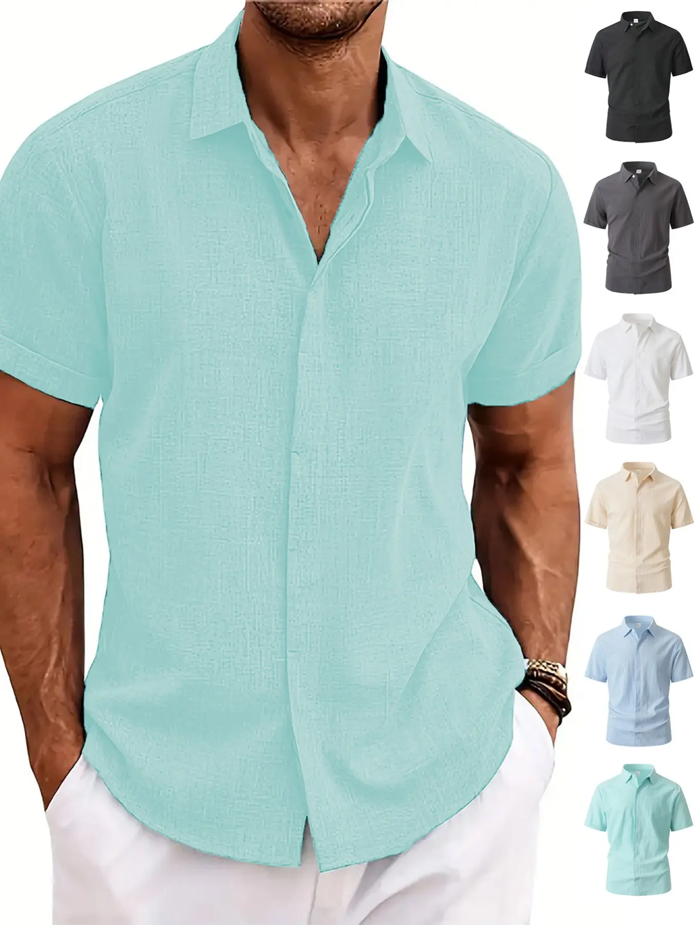 Men's Solid Linen Short-Sleeve Button Shirt, Regular Fit Spread Collar, Collared Casual Lightweight Breathable, Summer Daily Wear, Outdoor Casual Top, Menswear