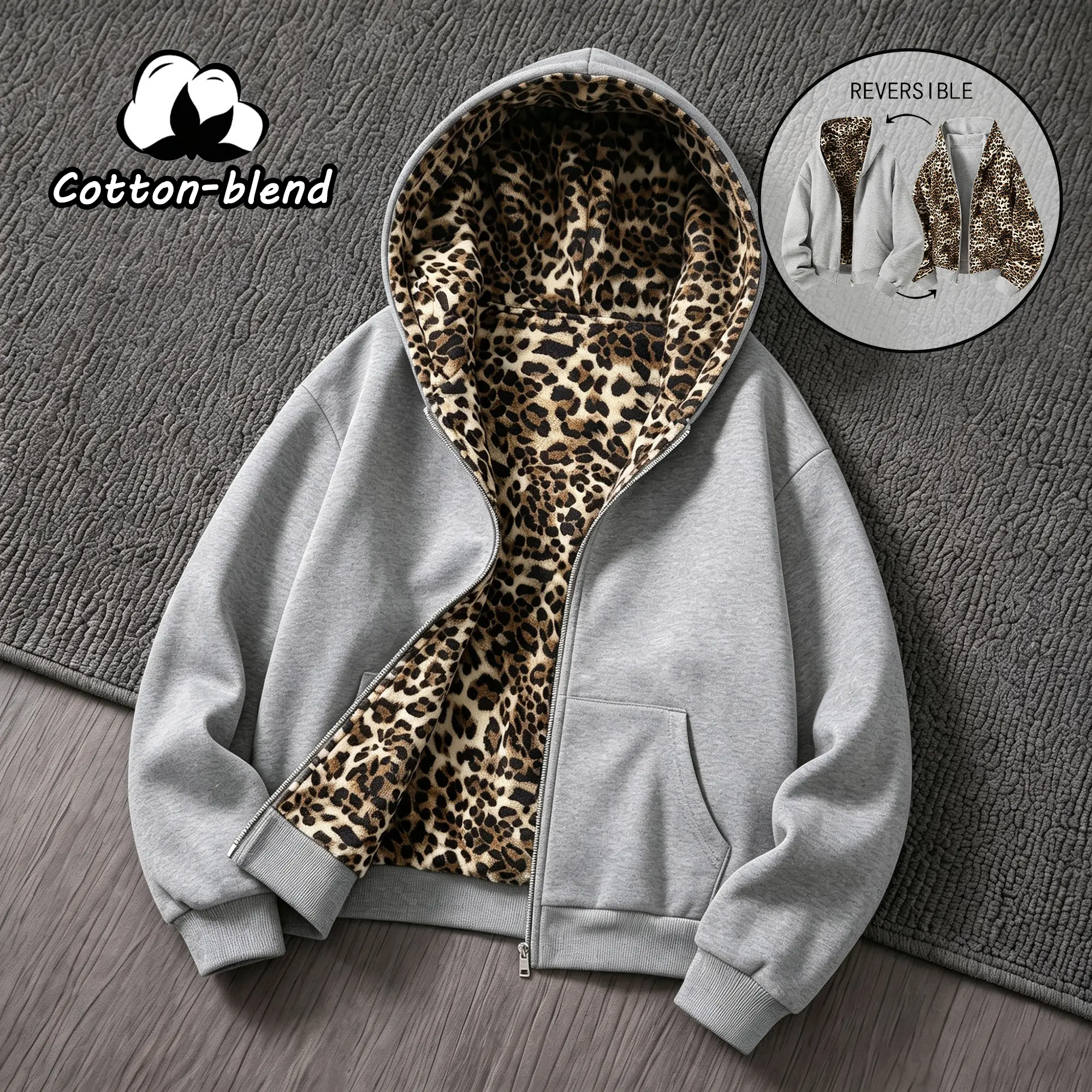 Men’s/Women’s cotton-blend leopard-print hooded jacket, reversible loose long-sleeve sweatshirt cardigan, retro street casual top suitable for autumn and winter. sohochic