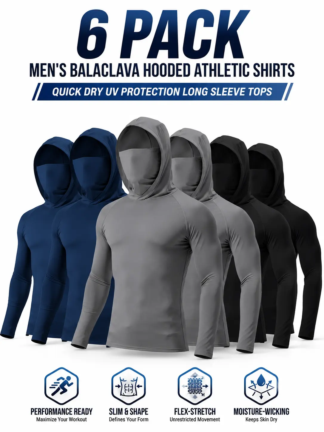 Men's 6-Pack Quick-Dry Breathable Sun Protection Fishing Hoodies with Built-in Face Covering Long-Sleeve T-Shirts - Spring/Fall Compression Sports Tops & UV Outdoor Tactical Hiking Gear Athletic Performance Activewear