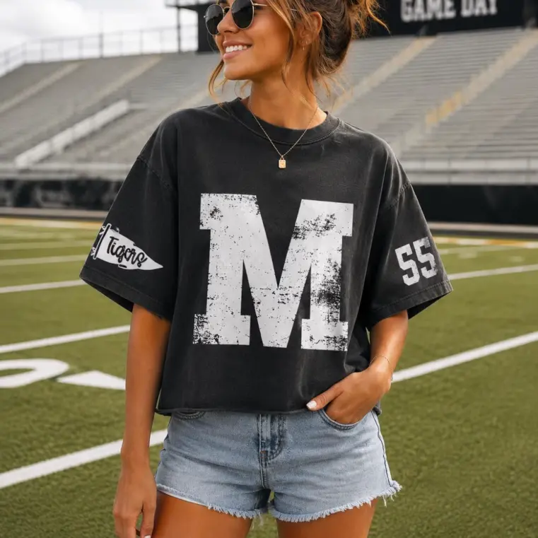 Custom Football Game Day Boxy Tee, Personalized Team Initial Shirt, Comfort Colors Cropped Tee, Custom Mascot Tee, School Spirit Shirt Cotton Ribbed