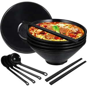 Set of 4 Ramen Bowl Set, Melamine Large  Style Noodle Soup Bowls with Spoons and Chopsticks for Ramen, Pho, Noodles,  Dishes Black,Large Bowl for Adults| Dishwasher Safe (Black 8.7in)