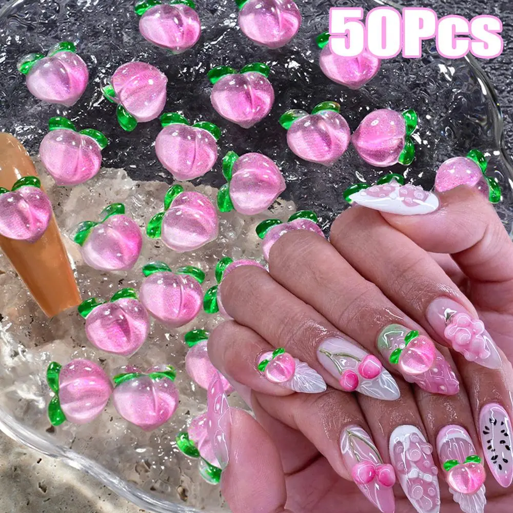 50Pcs 3D Resin Pink Peach Fruit Nail Art Rhinestone Ice-transparent Gradient Peach Nail Crystal With Strawberry/Lemon Nail Parts
