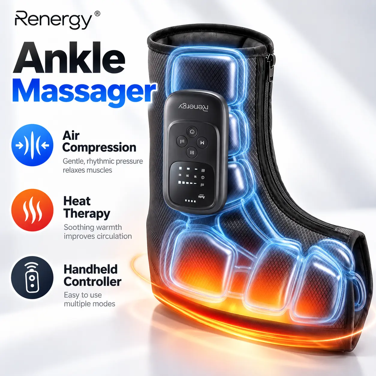 Renergy Cordless Adjustable Lightweight Ankle & Foot Massager - 4-in-1 Air Compression with Heat, 5 Modes/5 Intensities/3 Heat Levels, 4000mAh Rechargeable, Fits Sizes 5-12, Single Unit