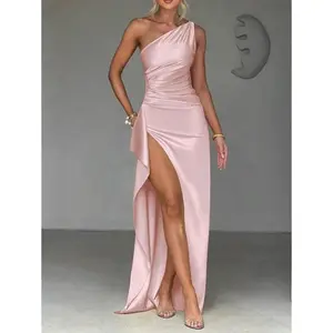 OneShoulderSilkSatinMaxiDresswithHighSlit–SexyBacklessRuchedOutfitforParties,Weddings&VacationNightsFitSleeveFormalPolyesterWomenswearFittedComfortWorkwearBasicFestivalFabricMinimalist