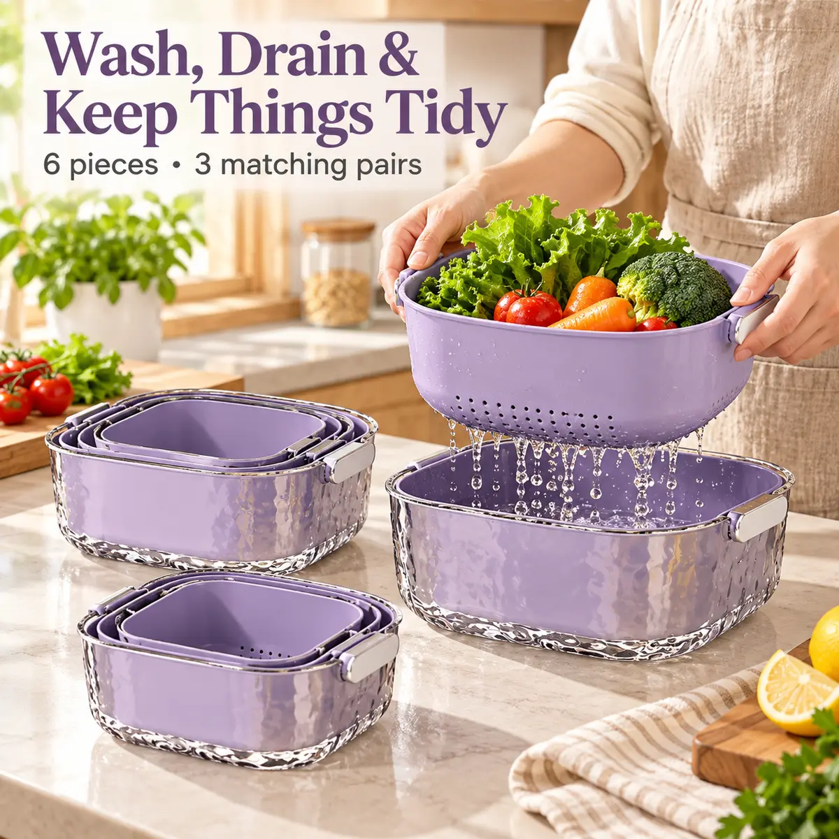 6-Piece Plastic Double-Layer Draining Basket Set for Kitchen - Kitchen Utensils with Inner Colanders, Water Catchers and Side Grips for Vegetable Washing