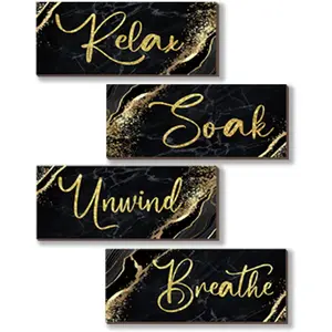 ONIZHITY 4 Pcs Black and Gold Bathroom Decor Black Gold Wall Decor Relax Soak Unwind Breathe Wooden Rustic Marble Style Bathroom Accessories for Bedroom Living Room Decor Kitchen(10X4)