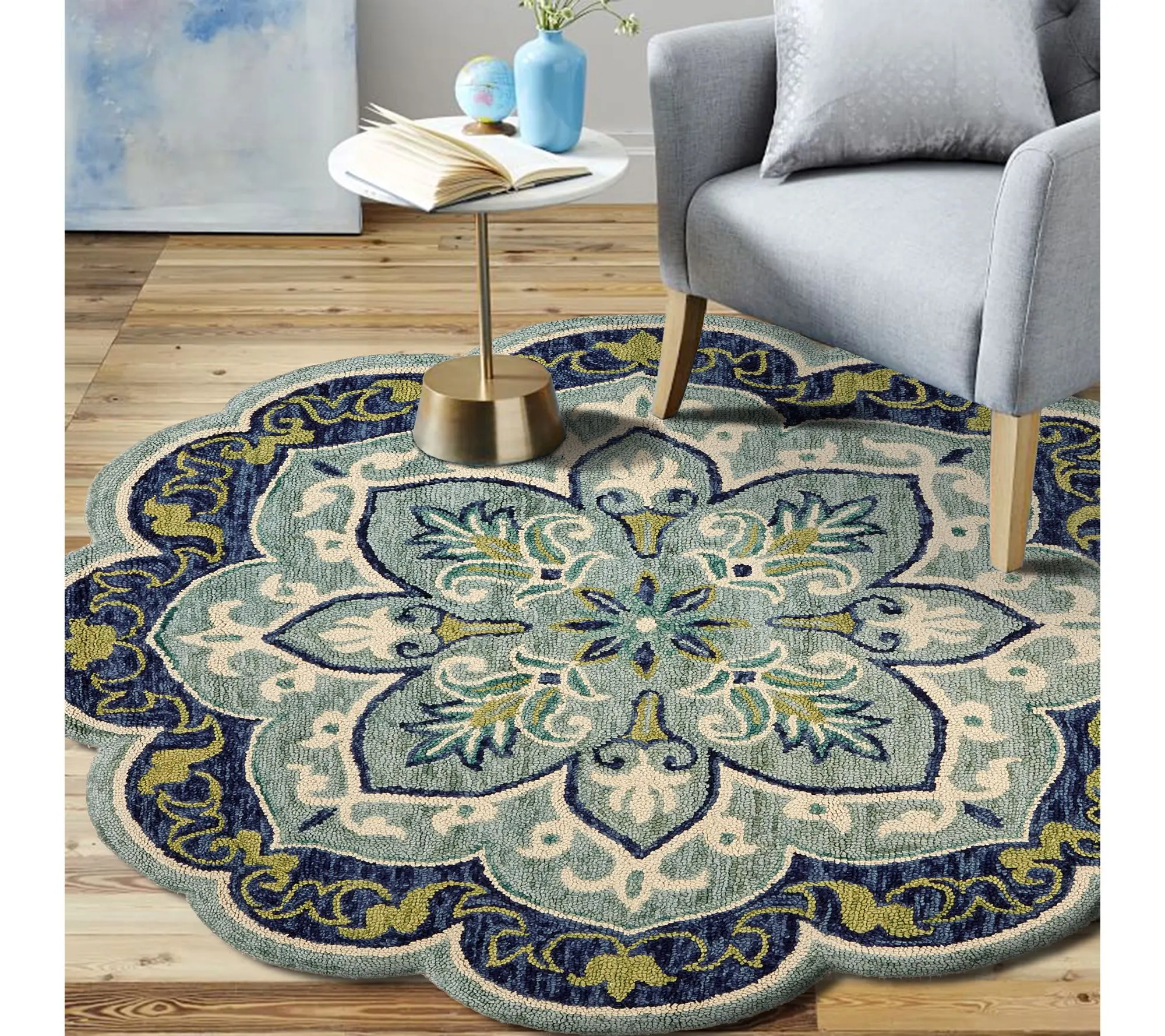Ox Bay Scalloped Floral Medallion Wool Indoor 4' Round Rug Ox Bay Scalloped Floral Medallion Wool Indoor 4' Round Rug
