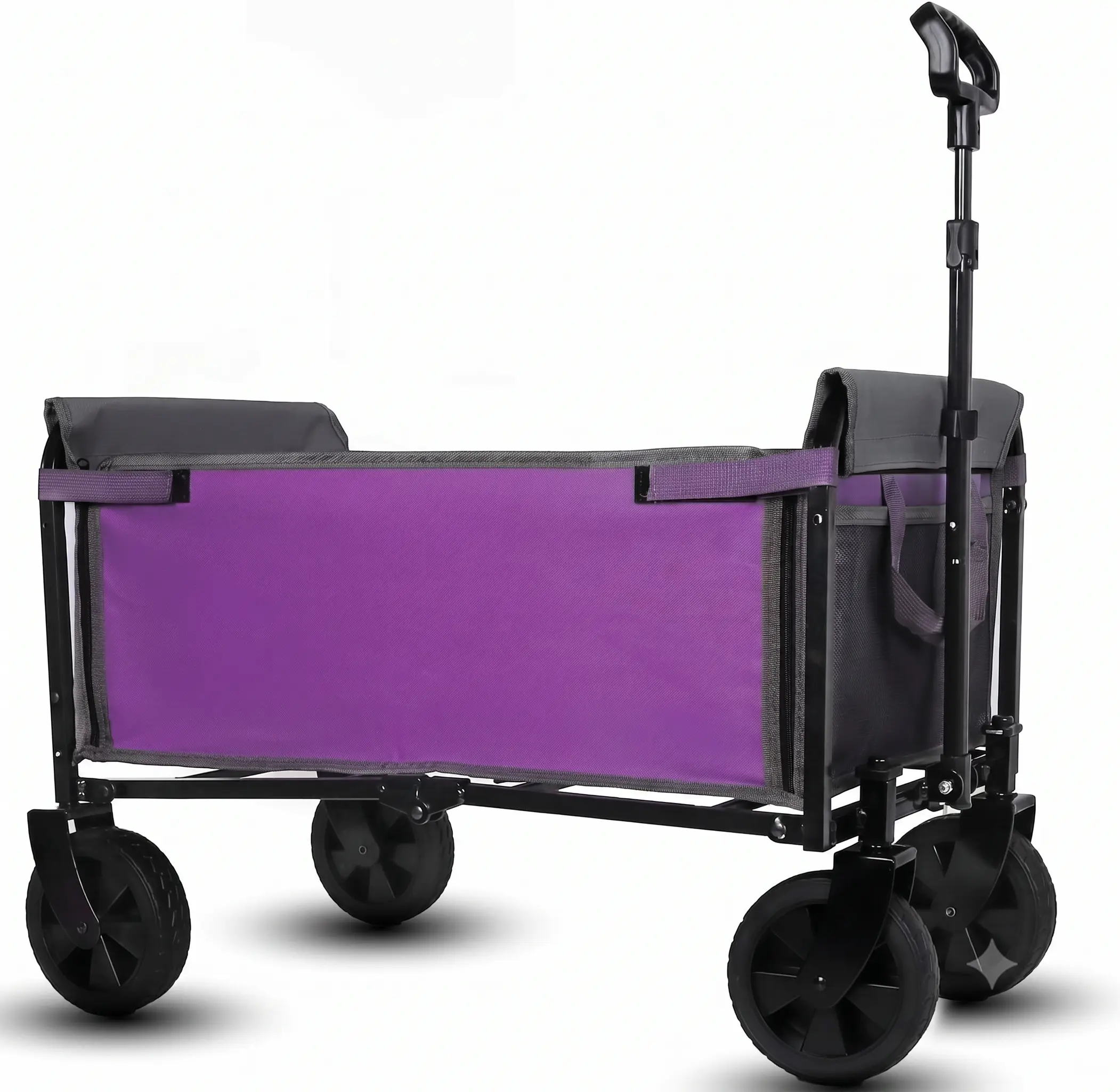 All-in-One Folding Wagon Trolley with Bench Seat & Dog Leash, 4-Wheel Utility Camping Cart, Heavy Duty Collapsible Wagon for Camping, Beach, Shopping, 360 lbs Capacity, Purple