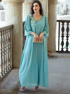 Women's Casual Fitted Dress with Handmade Flower Embroidery, Mint Color Beaded Design, Long Sleeves, Perfect for Daily Wear & Special Occasions