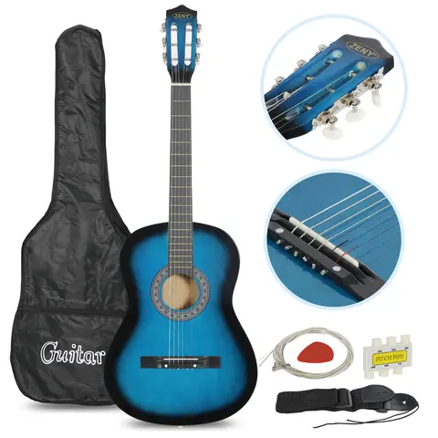 Zeny 38" All-Wooden Acoustic Guitar Kit - Right-Handed Beginner Instrument for Kids, 38"l x14"w x3.25"h, 4.7lbs, Includes Case, Shoulder Strap, Pitch Pipe, 1 Guitar Pick, 1 x Set of Strings, Replacements