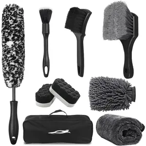 9 count  Wheel & Tire Brush Kit, Wheel Cleaner Brush, Soft-bristled Rim Brush,  Drying Towel (36"x 24"), Tire Shine Applicator Pad,  Wash Mitt,  Detailing Cleaning Wash Brush Supplies Kit