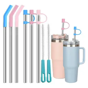14pcs Stainless Steel Straws with Lids & Cleaning Brush 12 Inch Reusable Drinking Tubes Dishwasher Safe Color Coded Caps for 40oz 30oz Water Bottles Prevent Splash Silicone Gift