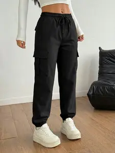 Women'S Casual Cargo Pants with Elastic Drawstring Waist, Multiple Pockets, and Adjustable Drawstring Detail - Solid Color, All-Season Comfort, Cargo Pants for Women