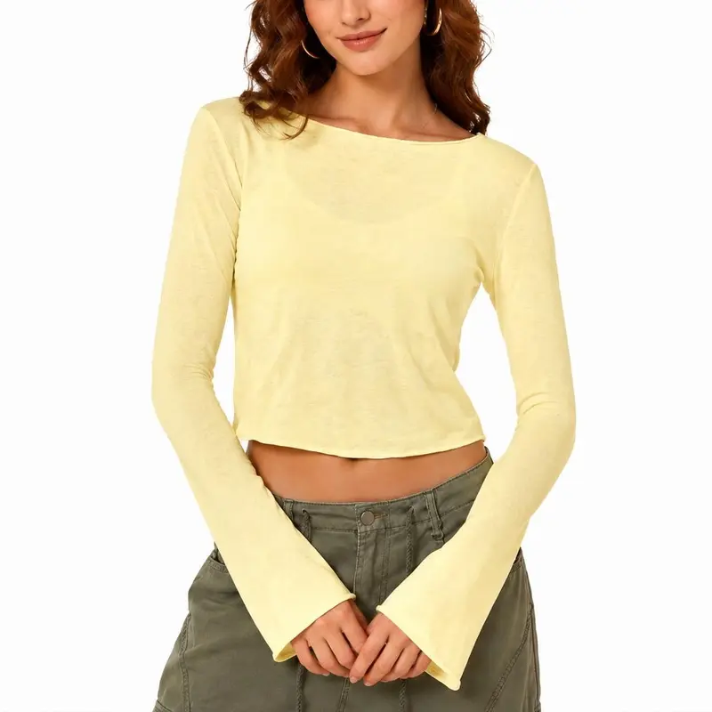 FAIABLE Lightweight Semi-Sheer Long Sleeve Blouse for Women with Bamboo Texture Rolled Edge Design, Off Shoulder Elegant Fit, Subtle Flare Cuff, Stylish White Casual Sun Shirt – Breathable Slim Fit Summer Top for Beach, Office, or Daily Wear