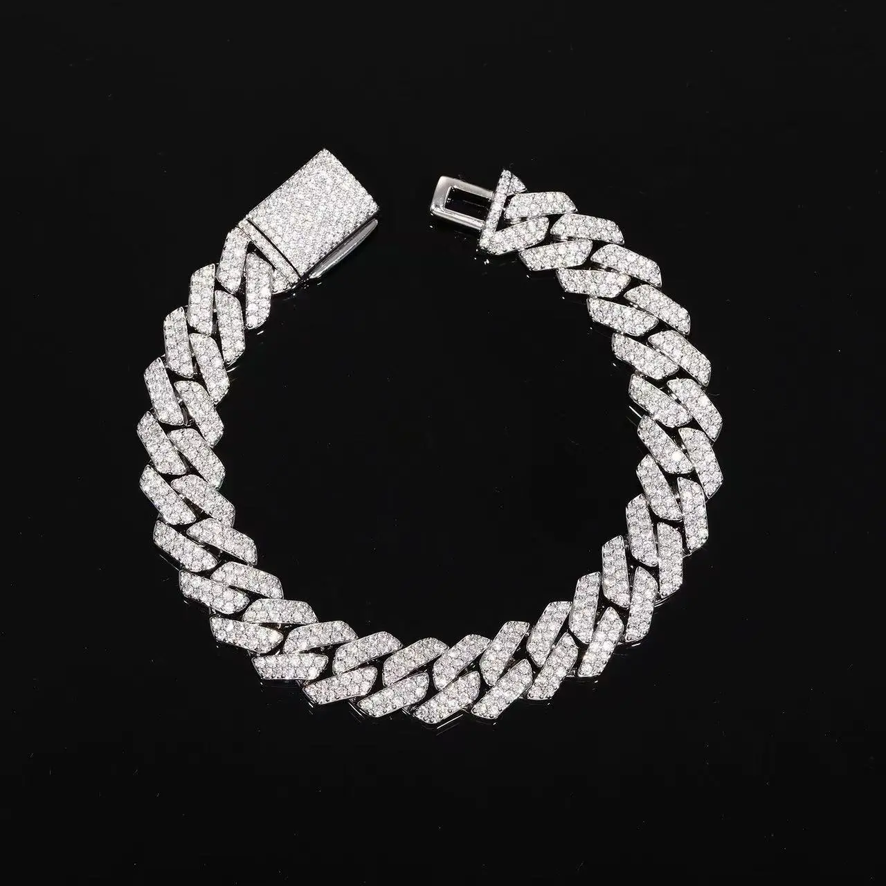 9155 High Street Prong Cuban Link Moissanite Bracelet - Male Bold Statement Costume Jewelry, Silver, Chunky Secure Fit, Daily Wear Accessory