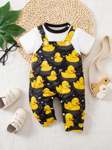 Spring Summer Baby Onesie Bodysuit Cute Cartoon Print Jumpsuit, Unisex Toddler Outfit Short Sleeve Long Pants Set, Outdoor Play Clothes for Boys and Girls, Baby Clothing