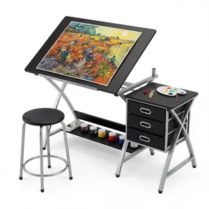 Adjustable Drafting Table with Stool & 3 Drawers – 50.5 inch Art Desk for Drawing, Painting, Crafting & Home Office, Tilting Tabletop Artist Workstation for Adults, Black