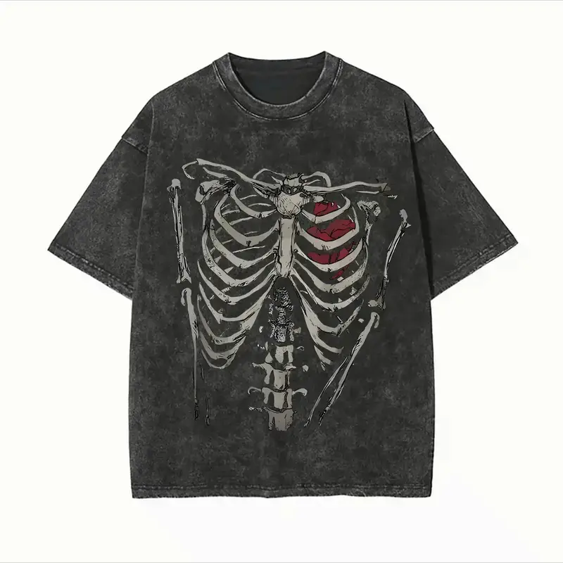 Skeleton Ribcage Red Heart Vintage Acid Wash T-Shirt, Gothic Bone Graphic Tee, Edgy Y2K Oversized Retro Streetwear Cotton Top for Men Halloween Casual Outfits