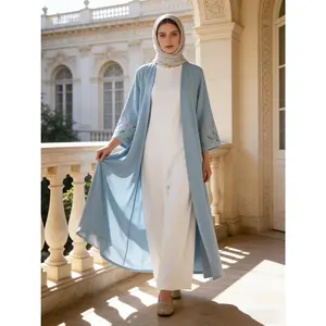 Dreamy Sky Blue Floral Embroidered Abaya Elegant Modest Kimono | Free Size One-Size-Fits-All | Perfect for Ramadan, Eid, Beach Resort & Daily Style