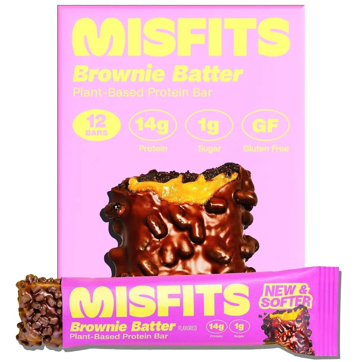 Misfits Vegan Protein Bars - Fudgey Brownie Batter| Nutrition Bars - 14g Protein, 1g Sugar, Plant-based, Low Carb, Non-GMO, Gluten Free Snacks | Pack of 12