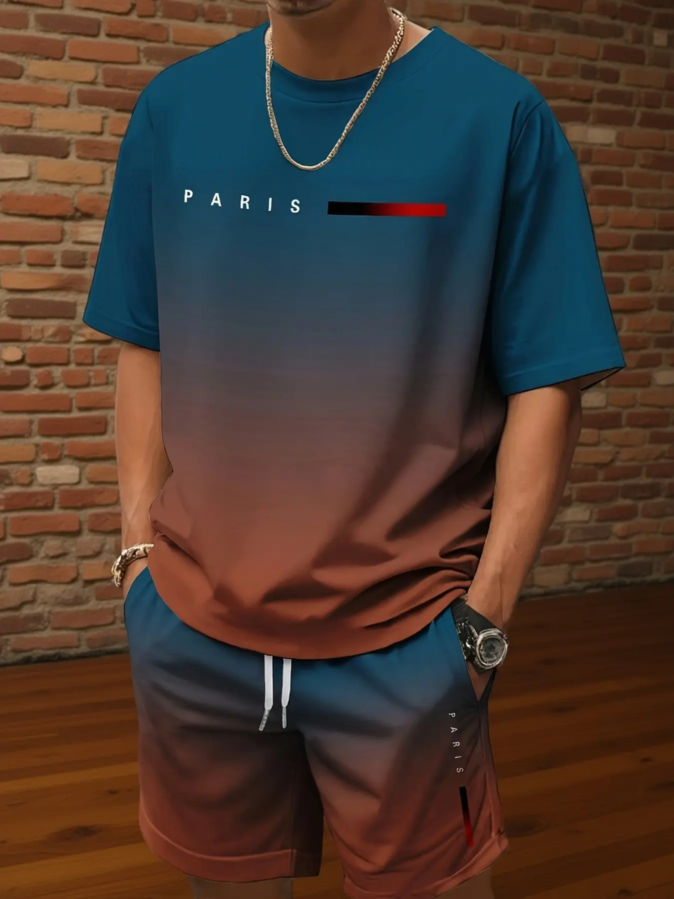 Men's Summer Short Sleeve Gradient Print Ombre Set, Casual Fitted T-Shirt & Knee-Length Shorts, Fashionable Tropical Trendy Design, Menswear