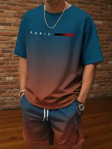 Men's Summer Short Sleeve Gradient Print Set, Casual Fitted T-Shirt & Knee-Length Shorts, Fashionable Tropical Trendy Design, Menswear