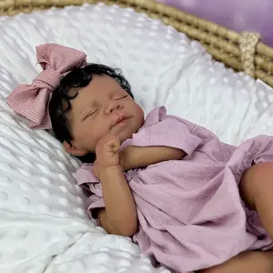 GUESSBELLY 45 CM Asleep Reborn Baby Doll Toy For Girl Black Brown Skin Vinyl Limbs Cloth Body Smile Doll With Clothes and Headband Birthday Gift Collectable Humanoid Dolls