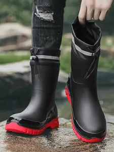 Men's Mid-Calf Waterproof Boots, Anti-Slip Soft Sole with Drawstring, Fishing and Rainy Day Preferred Gear, Casual Patchwork Design