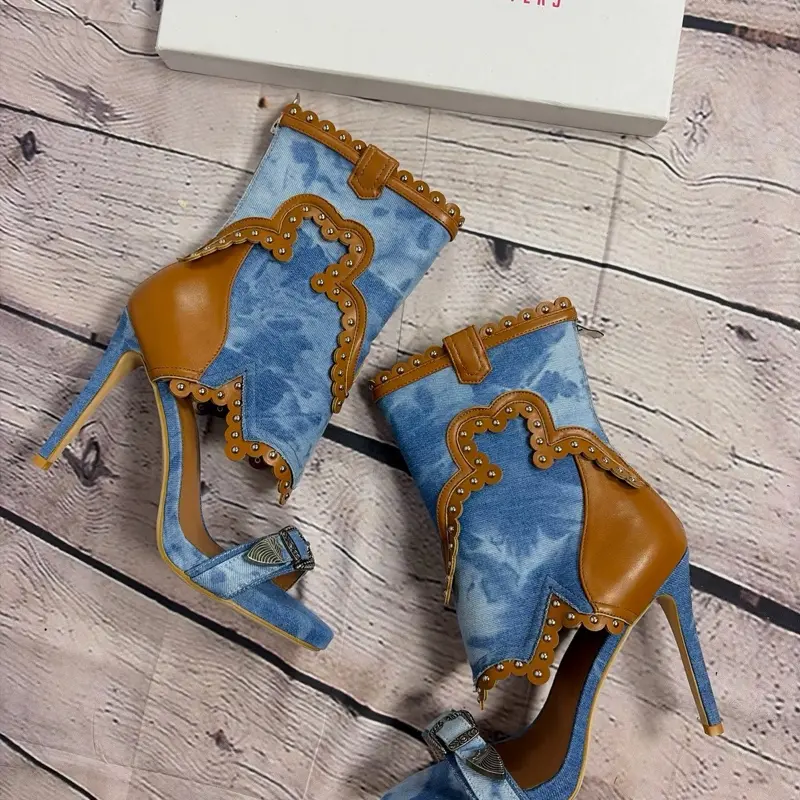 Denim studded tan trim western stiletto bootie