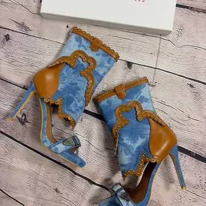 Denim studded tan trim western stiletto bootie