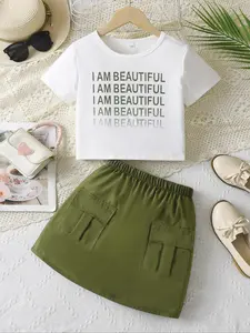 Girls' Casual Letter Print Tee & Colorblock Skirt Set, Sweet Cool Street Style, Summer Fashion, Short Sleeve, Fitted, Crop Length, Power Girl Outfit