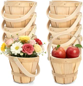 10 Pack Small Wooden Gift Basket, 4 x 4.7 Inch Round Woven Fruit Baskets Bulk, Mini Baskets with Handle for Easter Picking Berry Vegetable Flower DIY Craft Wedding Home