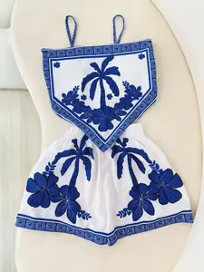 Women's Fashion Casual Leaf Print Two-Piece Set, Beach Vacation Style, Daily Wear, Campus, Student, Comfortable and Stylish