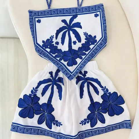 Women's Casual Leaf Print Two-Piece Set, Beach Vacation & Daily Wear, Campus Style, Comfortable and Stylish Top