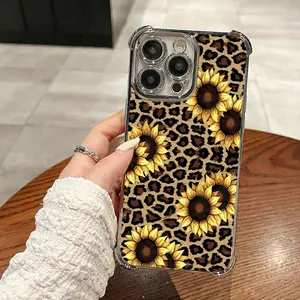 Leopard print sunflower Pattern Four Comers Air Cushion Anti-drop phone case Suitable for iPhone17 Pro Max / 16 15 14 13 12 11 Pro Max Plus electroplated anti drop case Screen Protector Protection Protective Cover Smartphone Casing Cellphone Shockproof